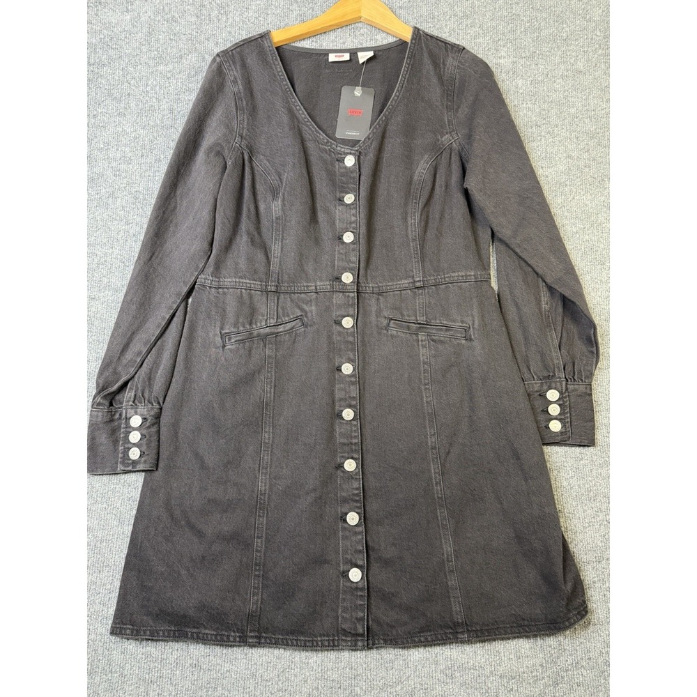 Levi's Denim Dress XL Gray‎ Button Front Long Sleeve Cotton Belted Midi